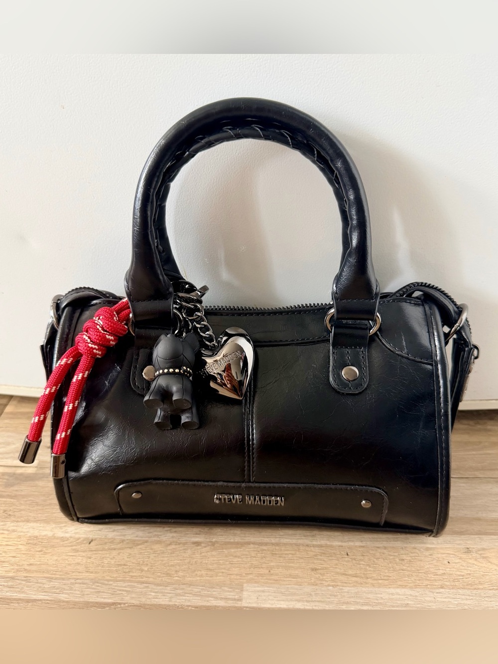 Steve Madden Black Faux Leather Crossbody Satchel Handbag with Dog Charm NWOT